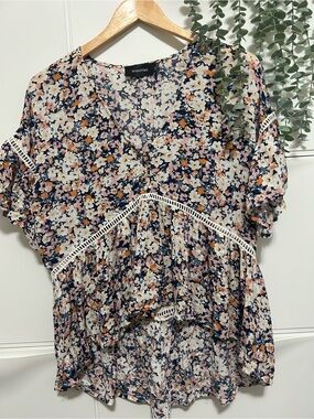 MINKPINK Navy Floral V-Neck Peplum Top with Pink & White Flowers